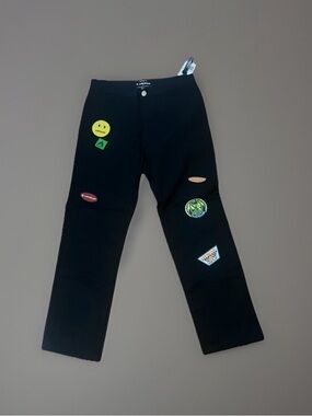 Forever 21 X Airwalk Black Patchwork Straight Leg Pants with Patches 32/30 NWT